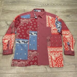 Urban Outfitters Shirt‎ Mens Medium Red Blue Patchwork Bandana Button Up Western